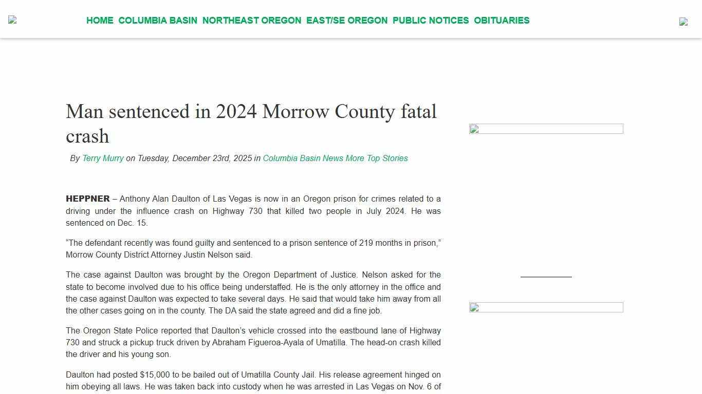 Man sentenced in 2024 Morrow County fatal crash - Elkhorn Media Group